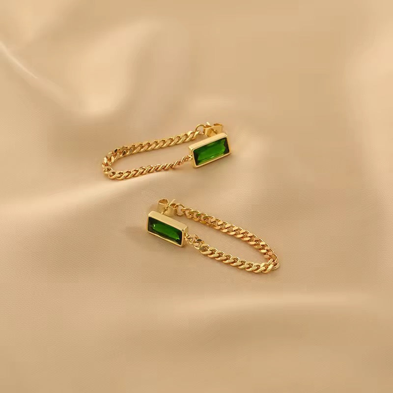 Green Crystal Long Chained Earrings