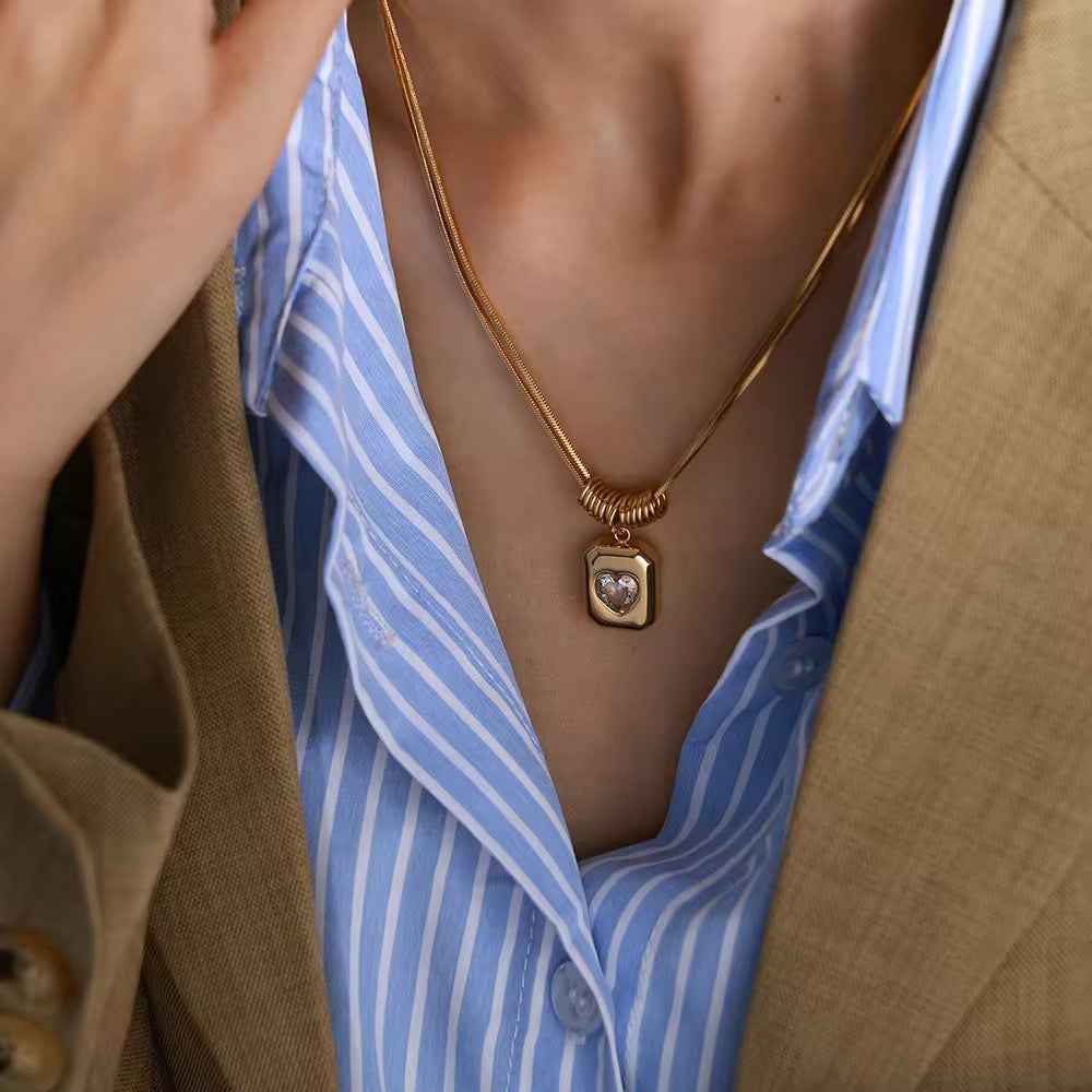 Gold-Tone Heart Crystal Pendant Snake Chain Necklace