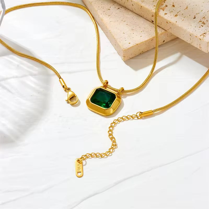 Gold Plated Emerald Green Square Pendant Necklace