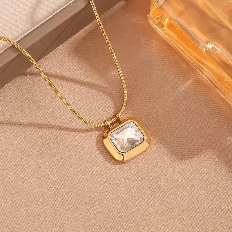 Gold Plated Clear Crystal Square Pendant Necklace