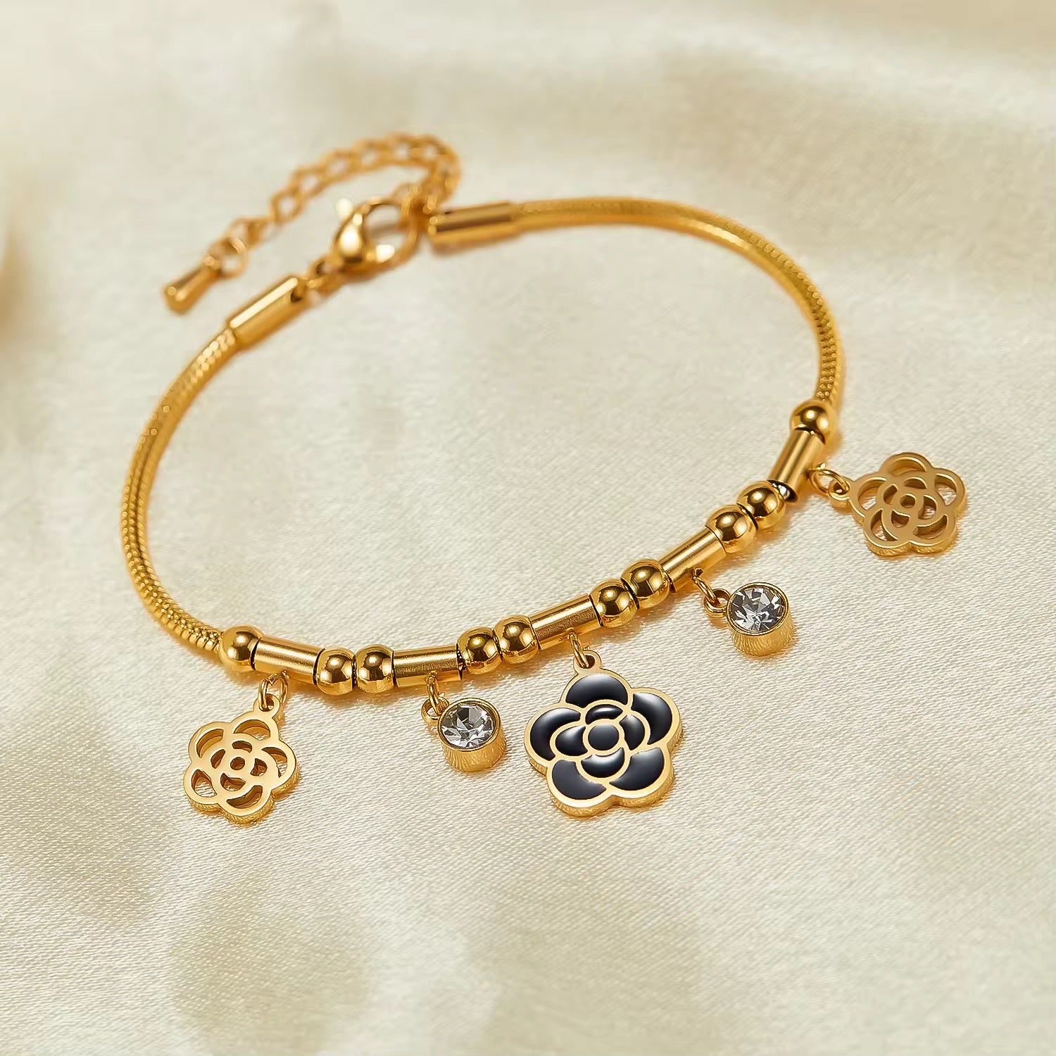 18K Gold Plated Black Flower Charm Snake Chain Bracelet