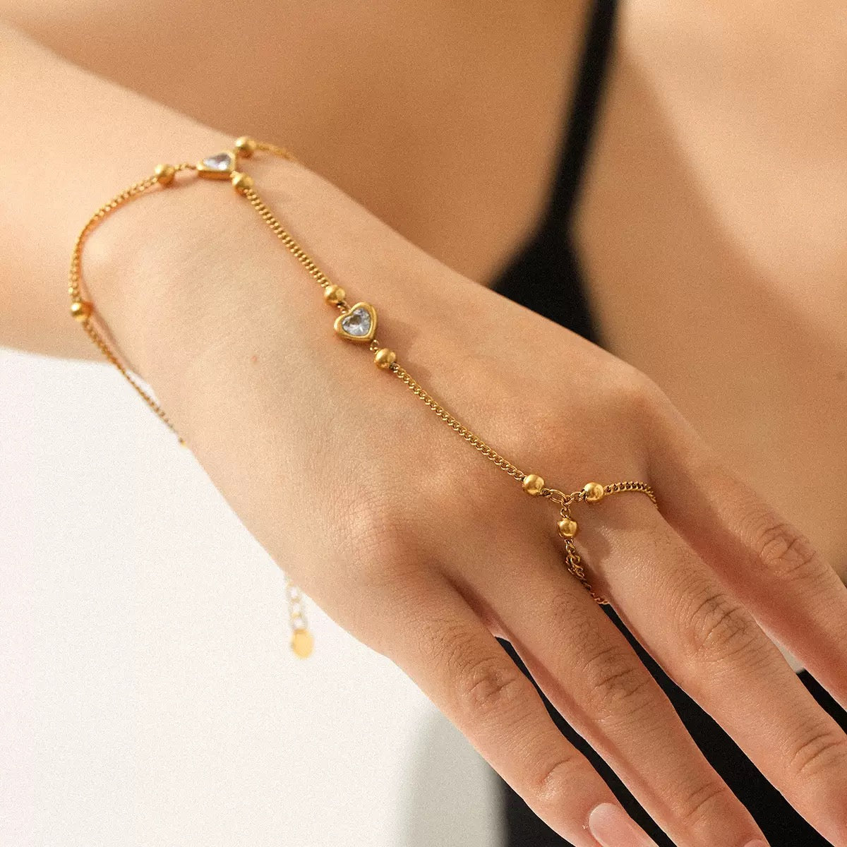 Gold Plated Beaded Heart Hand Chain Bracelet