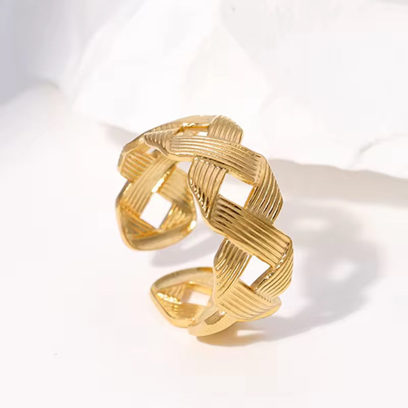Woven Pattern Adjustable Stainless Steel Ring – Gold Finish