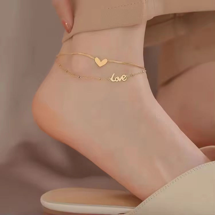 18K Gold Plated Double-Layer Heart & “Love” Anklet