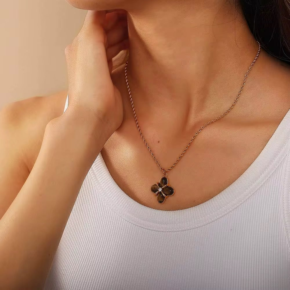 Gold Tone Brown Flower Pendant Necklace