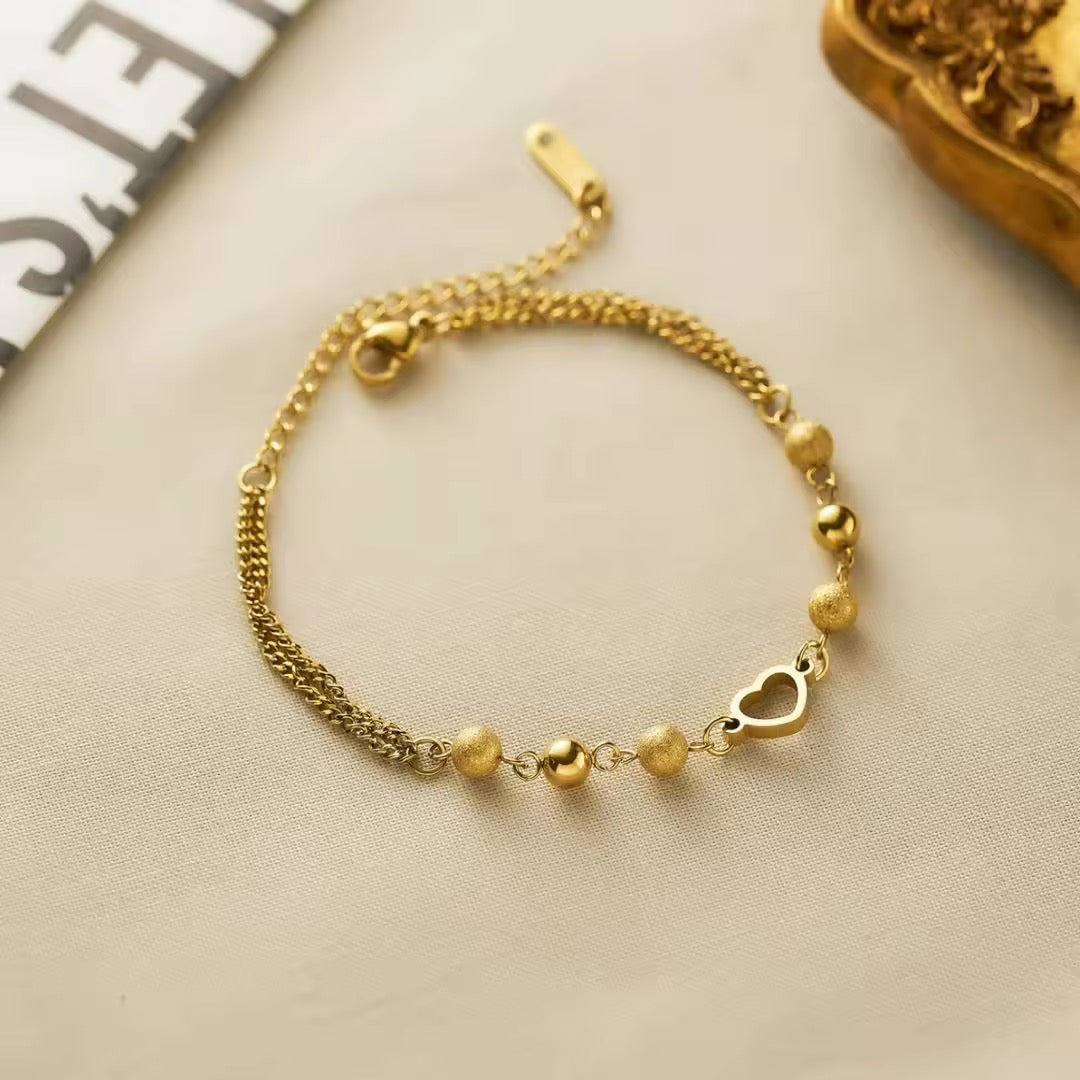 Gold-Plated Multi-Bead Heart Charm Bracelet