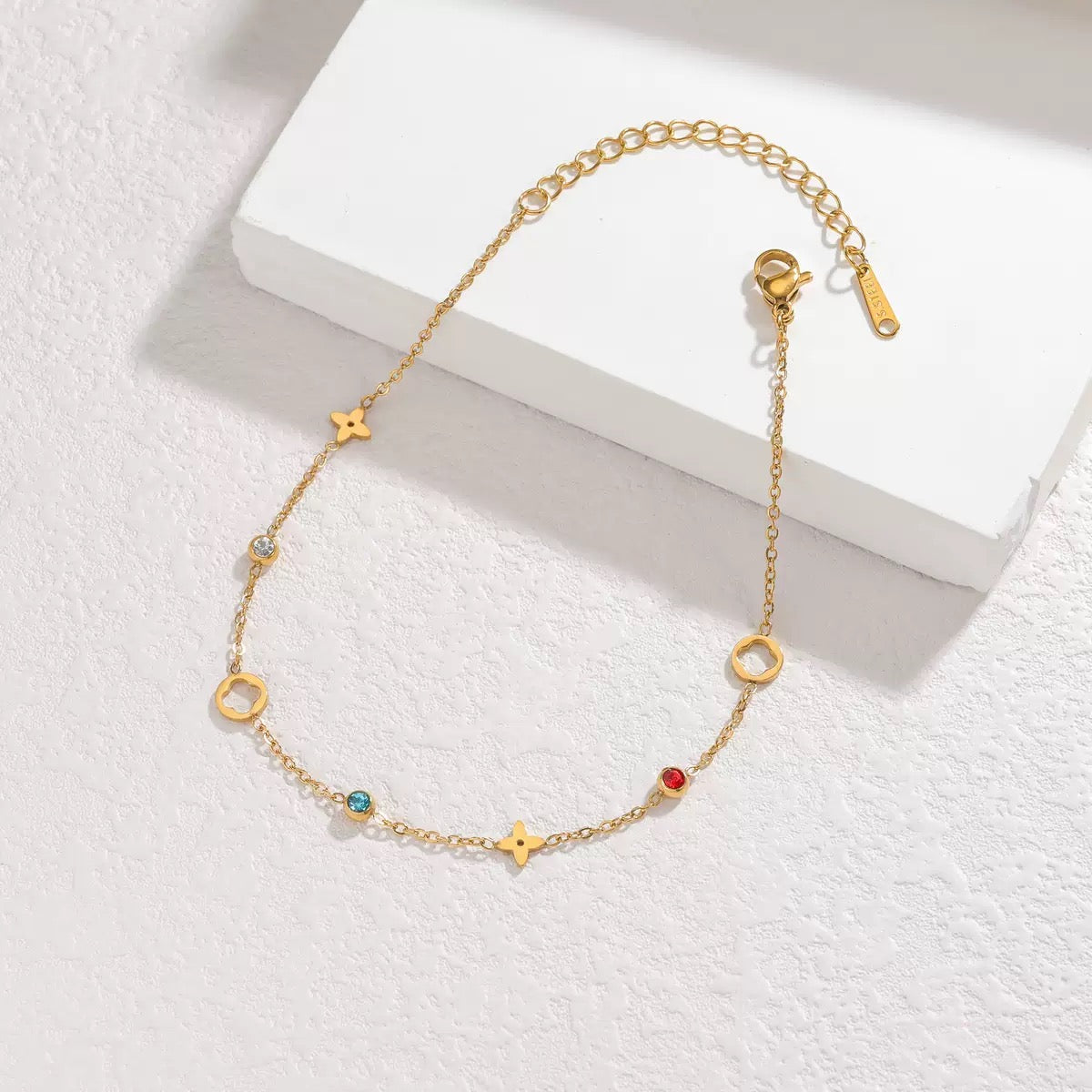 Gold Plated Colorful Crystal & Clover Charm Anklet