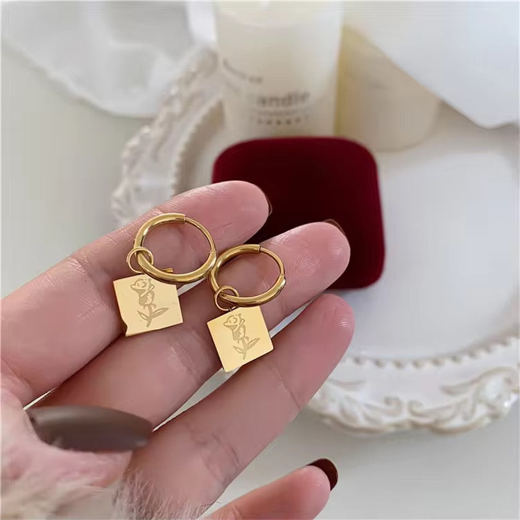 Gold Plated Square Charm Hoop Earrings