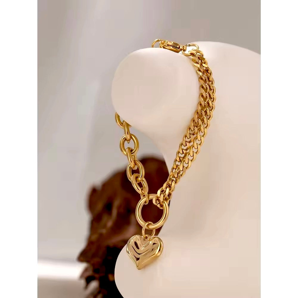 18K Gold Plated Puff Heart Mixed-Link Bracelet