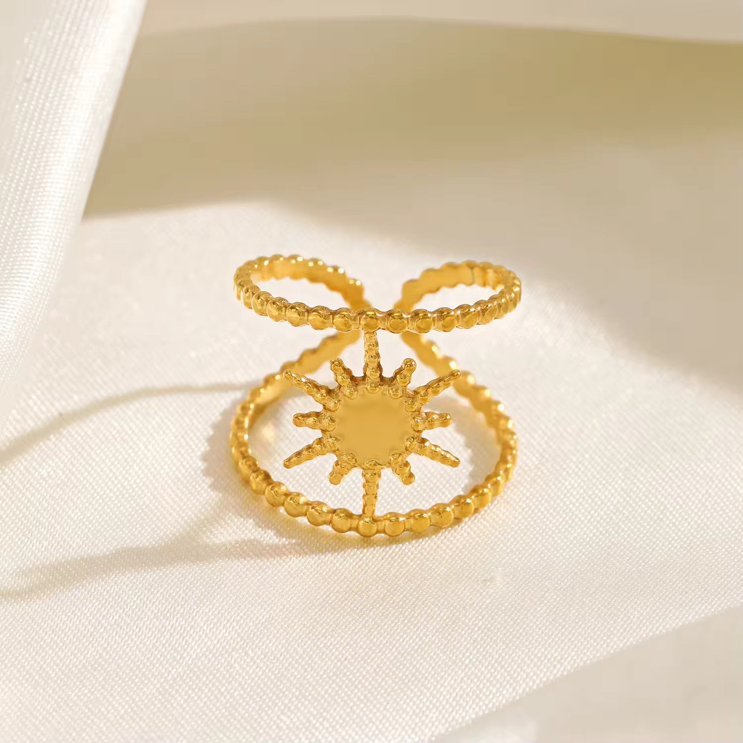 18K Gold Plated Sunburst Beaded Adjustable Ring