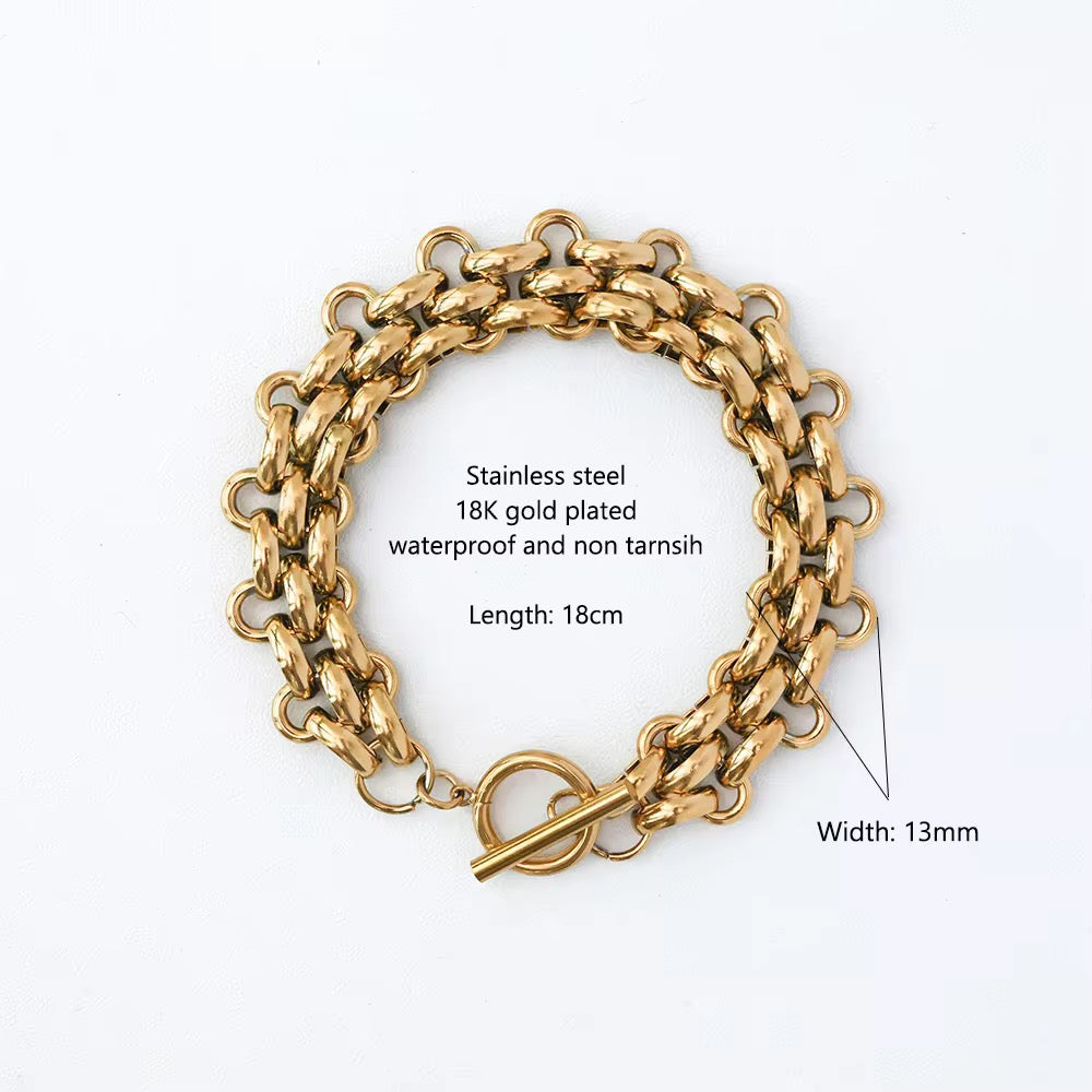 Gold Plated Chunky Woven Chain Toggle Bracelet