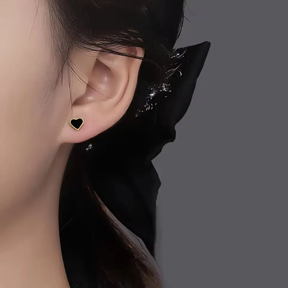 Gold Plated Black Enamel Heart Stud Earrings