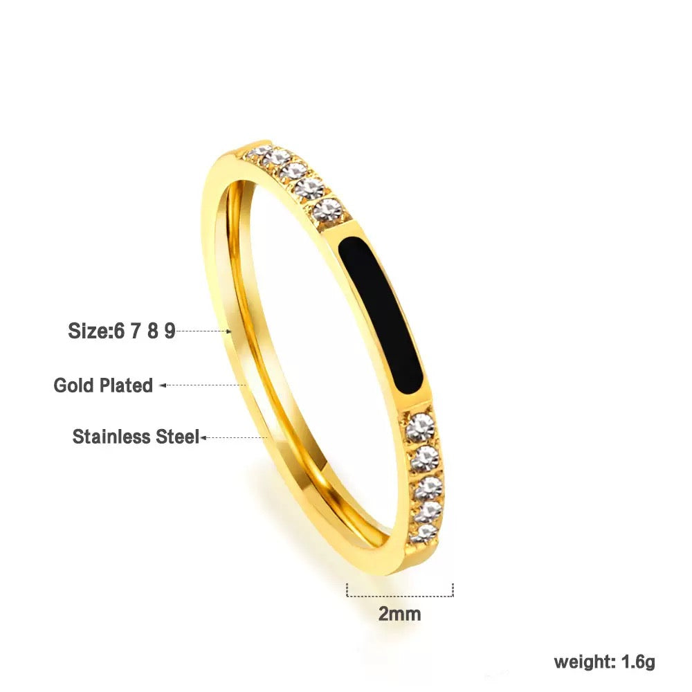 Black Enamel Crystal Slim Band Ring