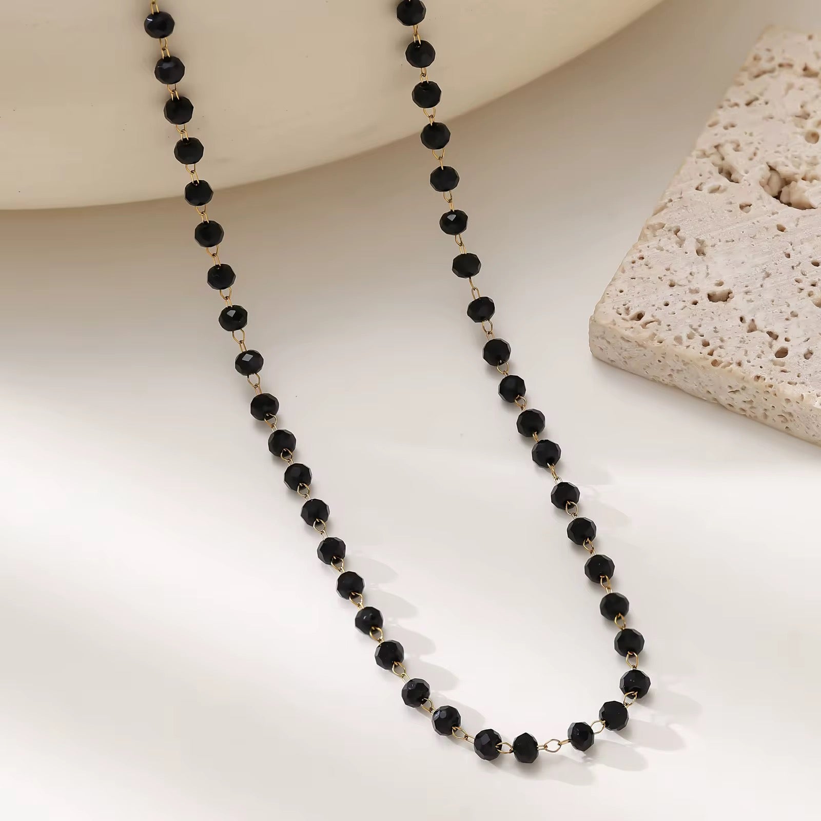 18K Gold Plated Black Faceted Bead Necklace