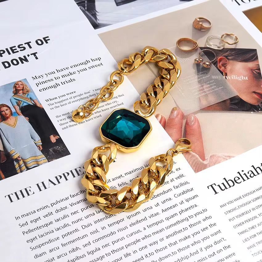 Gold Plated Emerald Green Chain Link Bracelet