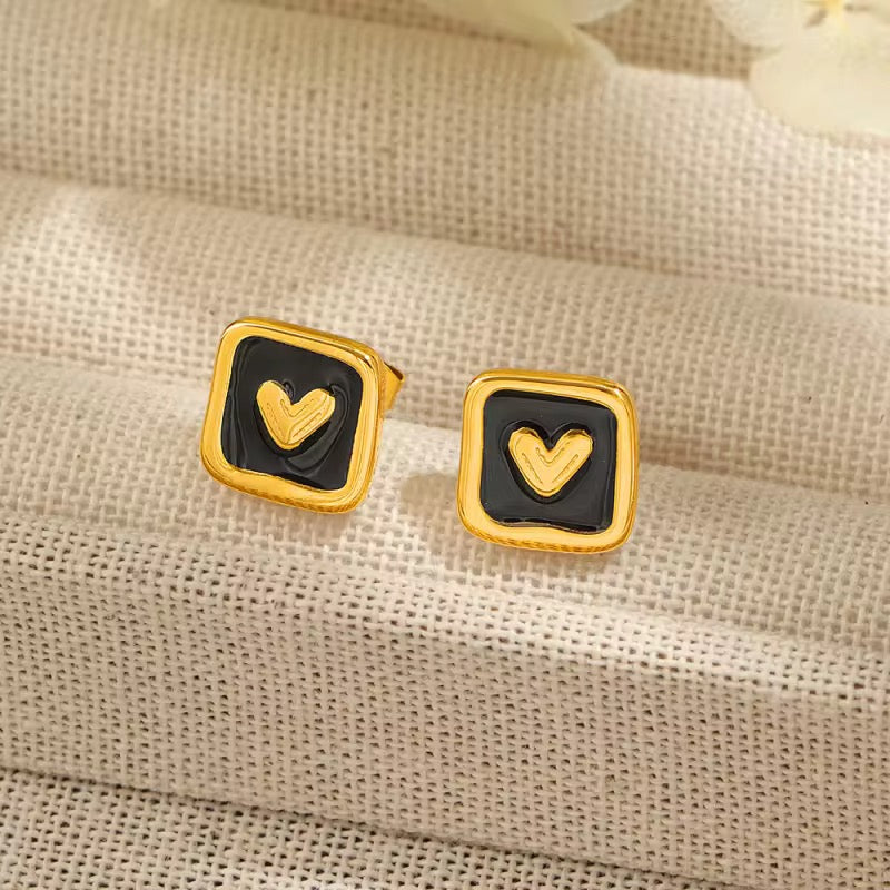 Gold Plated Square Heart Design Stud Earrings