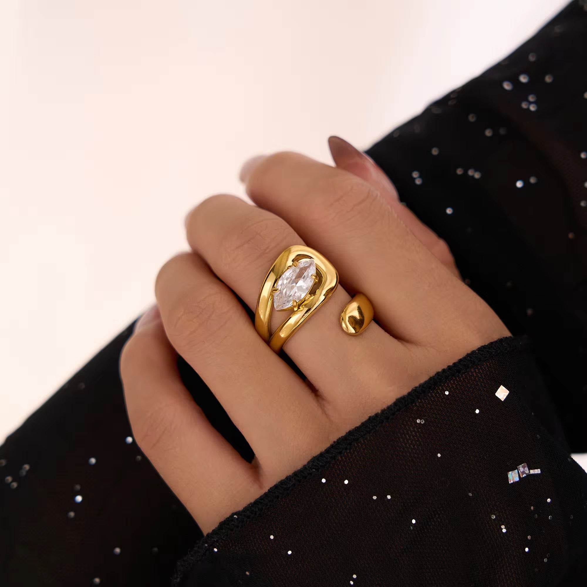 Adjustable Gold Plated Ring with Marquise-Cut Crystal