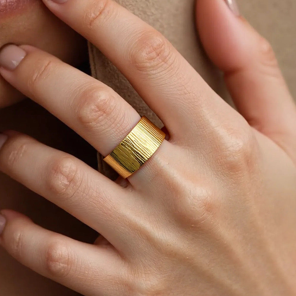 Adjustable Gold Plated Wide Band Ring with Engraved Texture