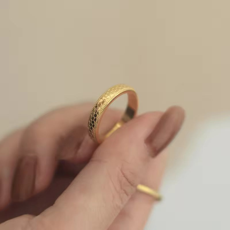 Minimal Honey Comb Ingraved Pattern Gold Plated Ring (Size 7) (1.7cm)