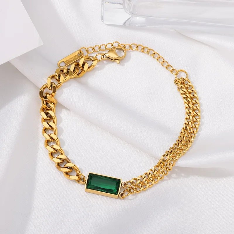 Green Crystal Heavy Chained Gold Plated Bracelet