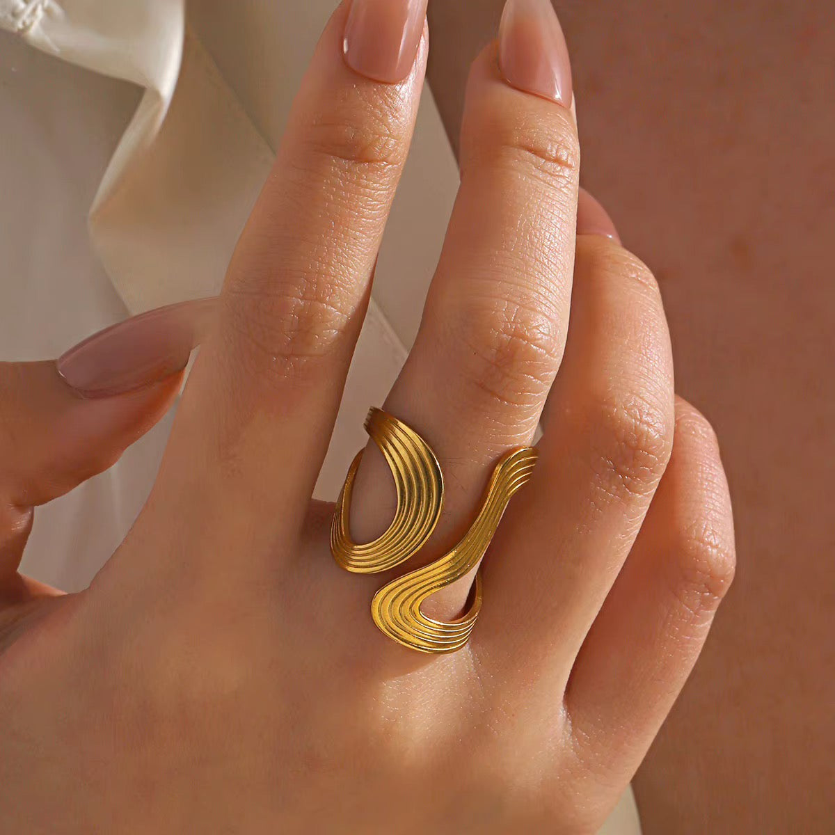 Ribbon Wave Textured Adjustable Statement Ring
