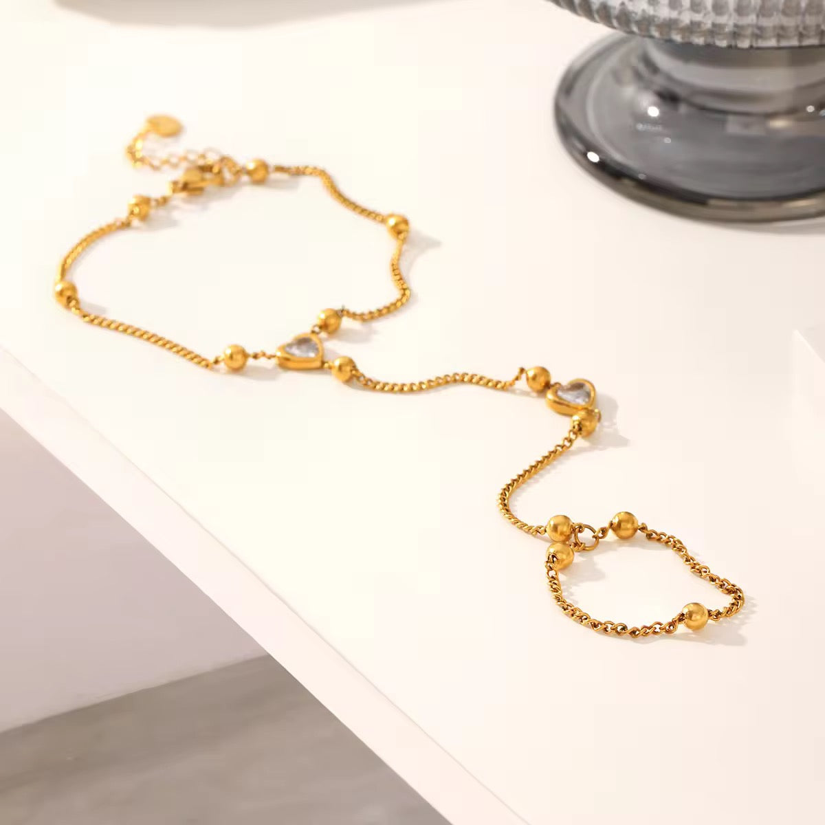 Gold Plated Beaded Heart Hand Chain Bracelet