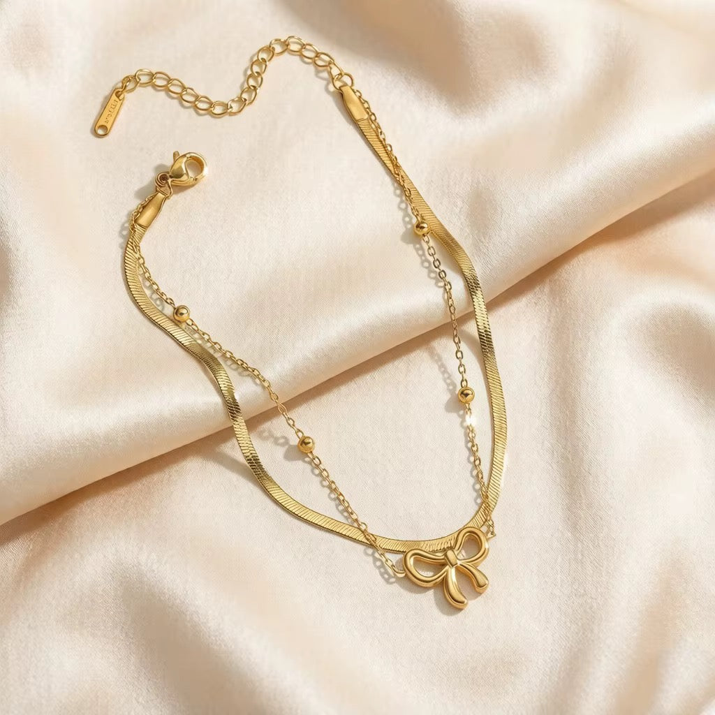Double Layer Bow And Snake Chain Anklet