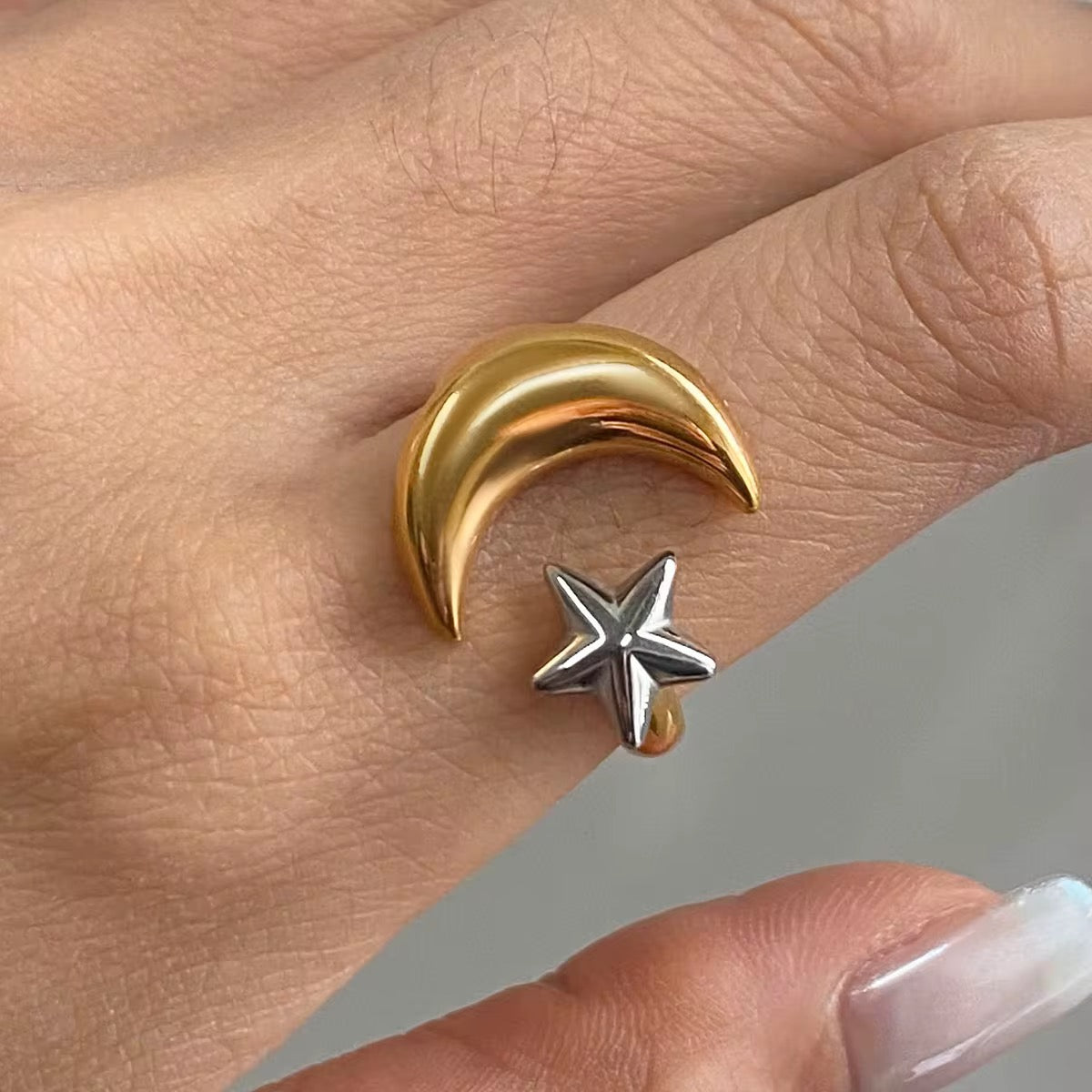 Moon & Star Open Ring – Two-Tone Adjustable