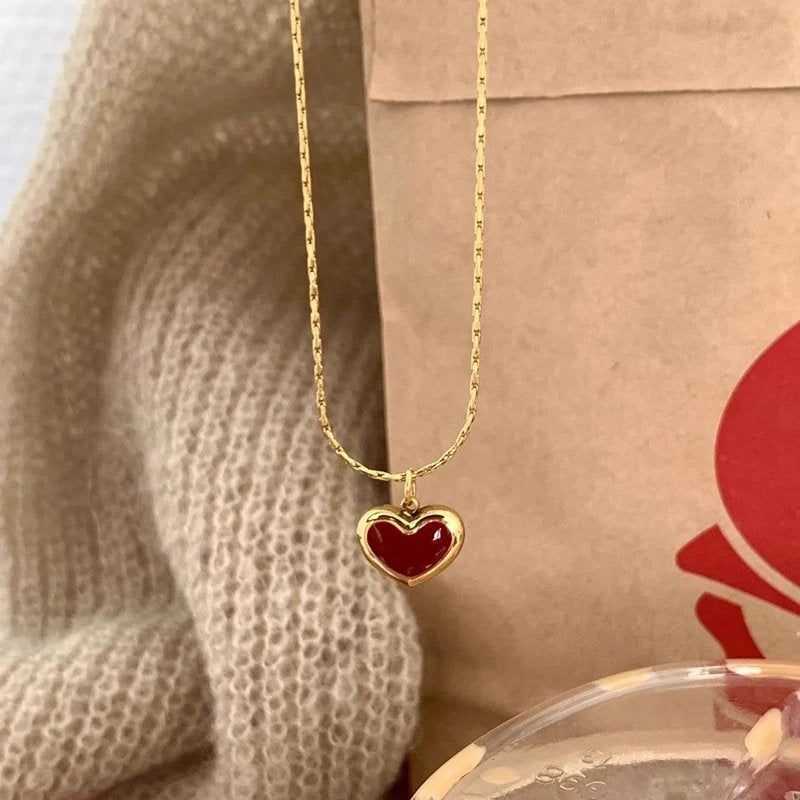 Minimal Maroon Heart Gold Plated Necklace