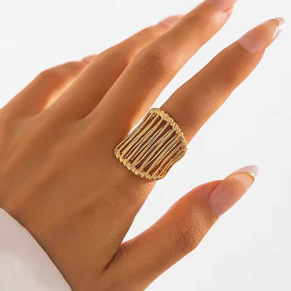 Gold Plated Wide Geometric Linear Wire Adjustable Ring
