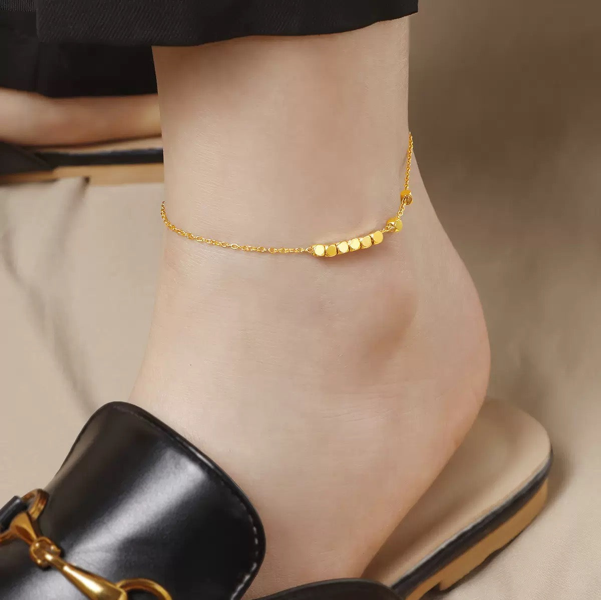 Delicate Gold Plated Chain Anklet with Cube Beads