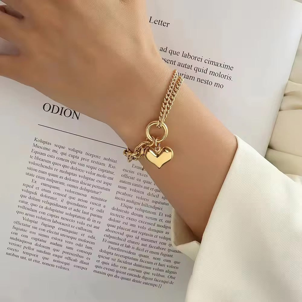 18K Gold Plated Puff Heart Mixed-Link Bracelet
