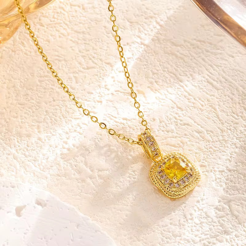 Vintage Cushion-Cut Yellow Crystal Halo Necklace