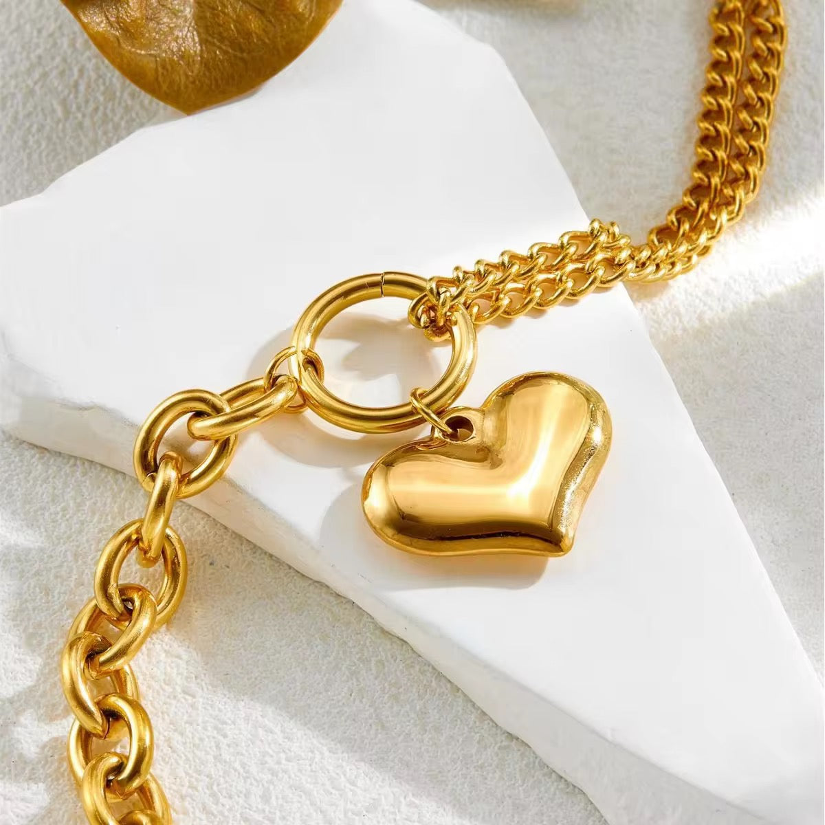 18K Gold Plated Puff Heart Mixed-Link Bracelet