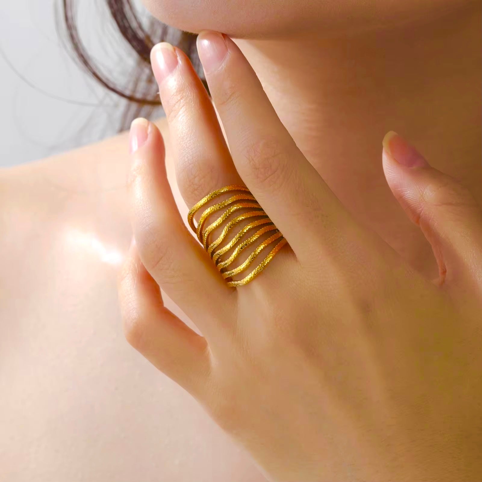 Gold Plated Wave Band Adjustable Ring