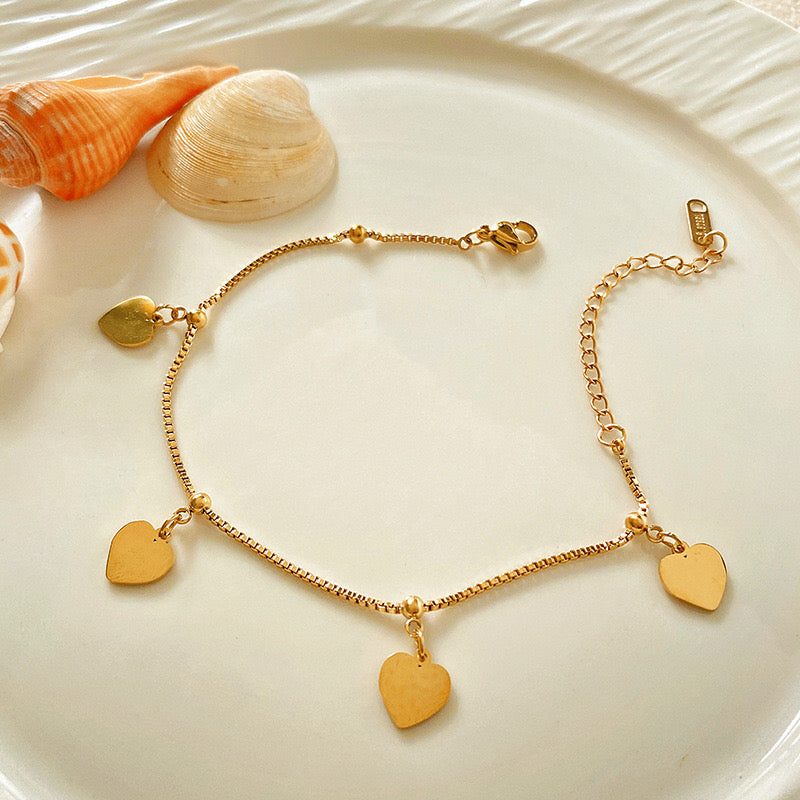 Gold Plated Heart Charm Adjustable Anklet