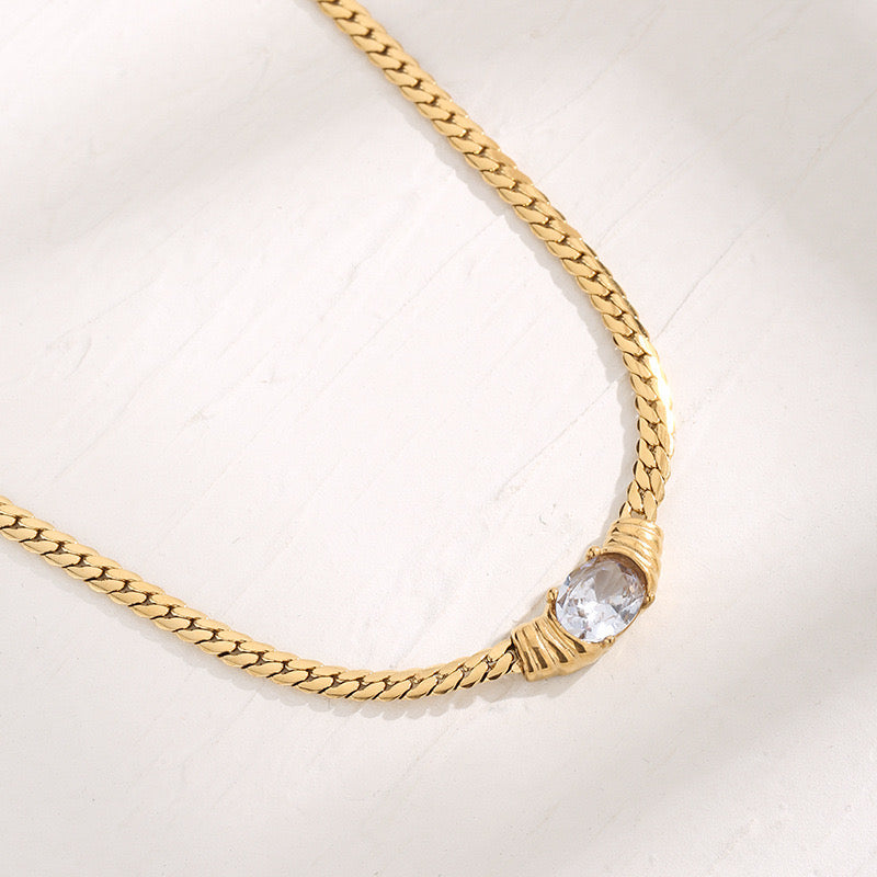 Gold-Plated Necklace with Clear Oval Crystal Pendant