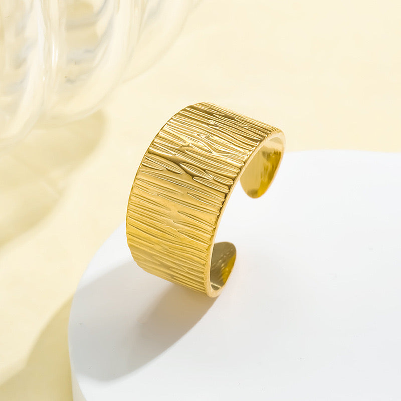 Adjustable Gold Plated Wide Band Ring with Engraved Texture