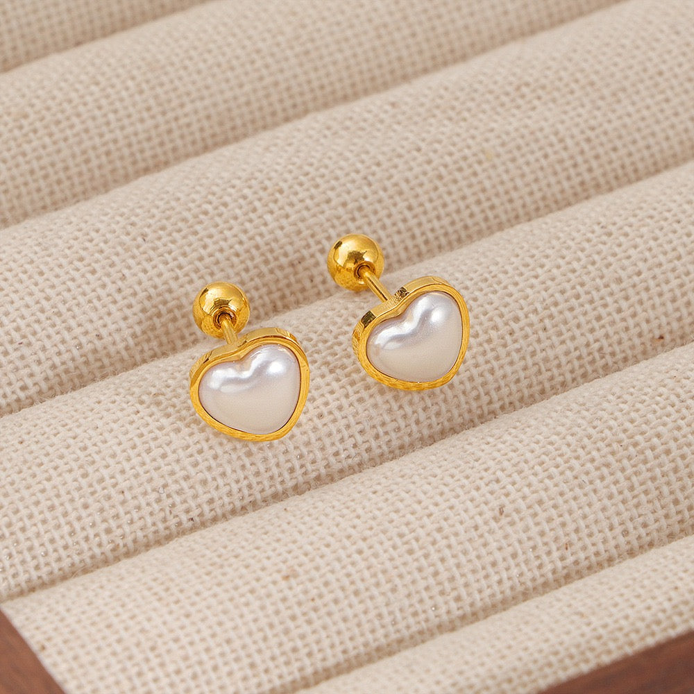 Gold Plated Heart-Shaped Pearl Inlay Stud Earrings
