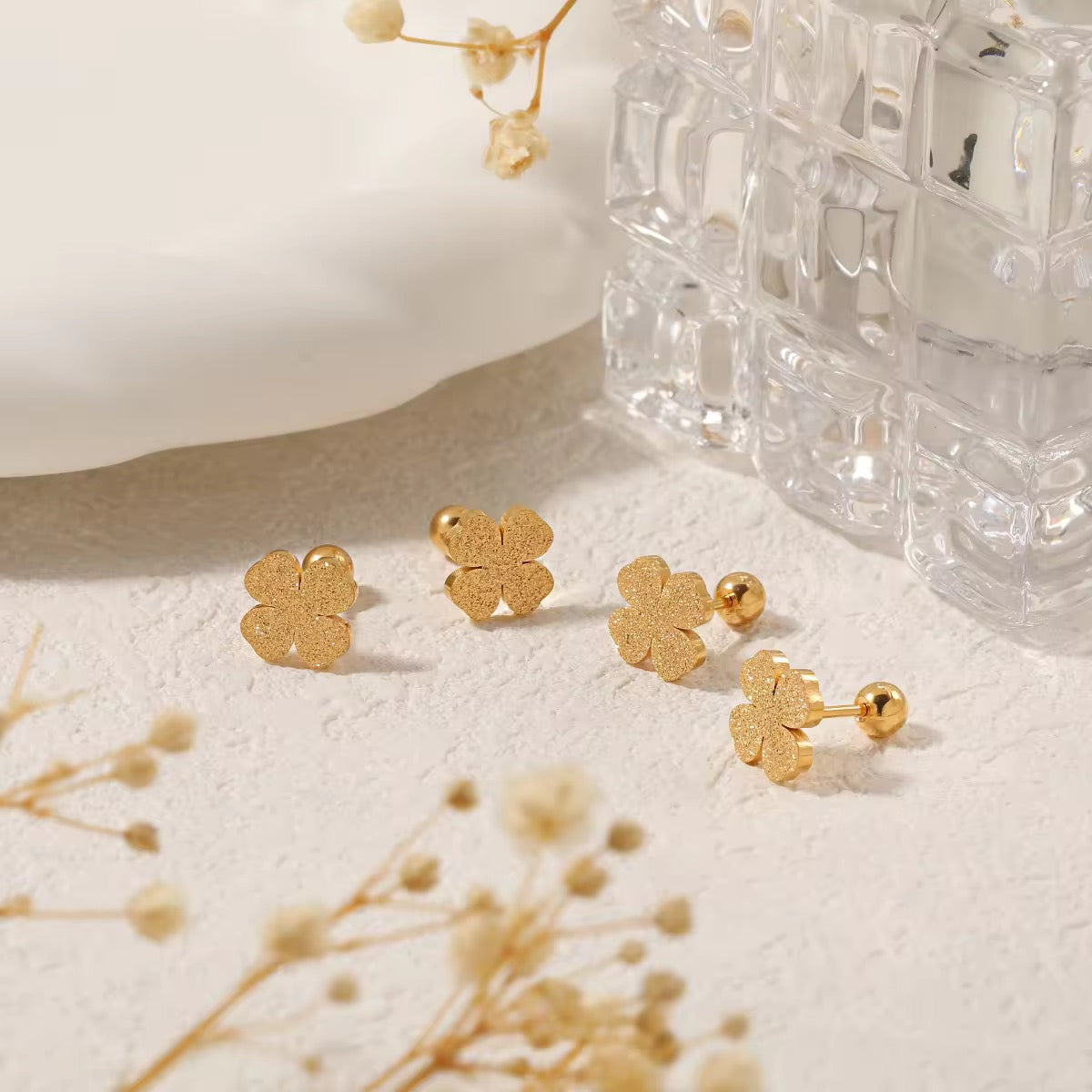 Gold Plated Four-Leaf Clover Stud Earrings
