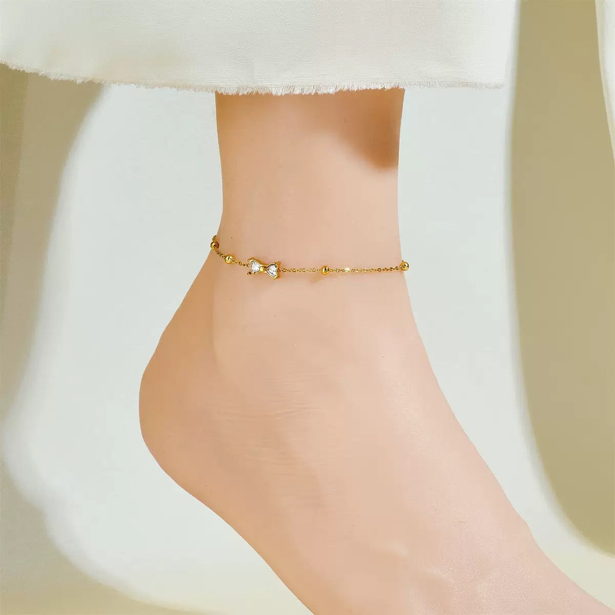 18K Gold Plated Bow & Bead Station Anklet