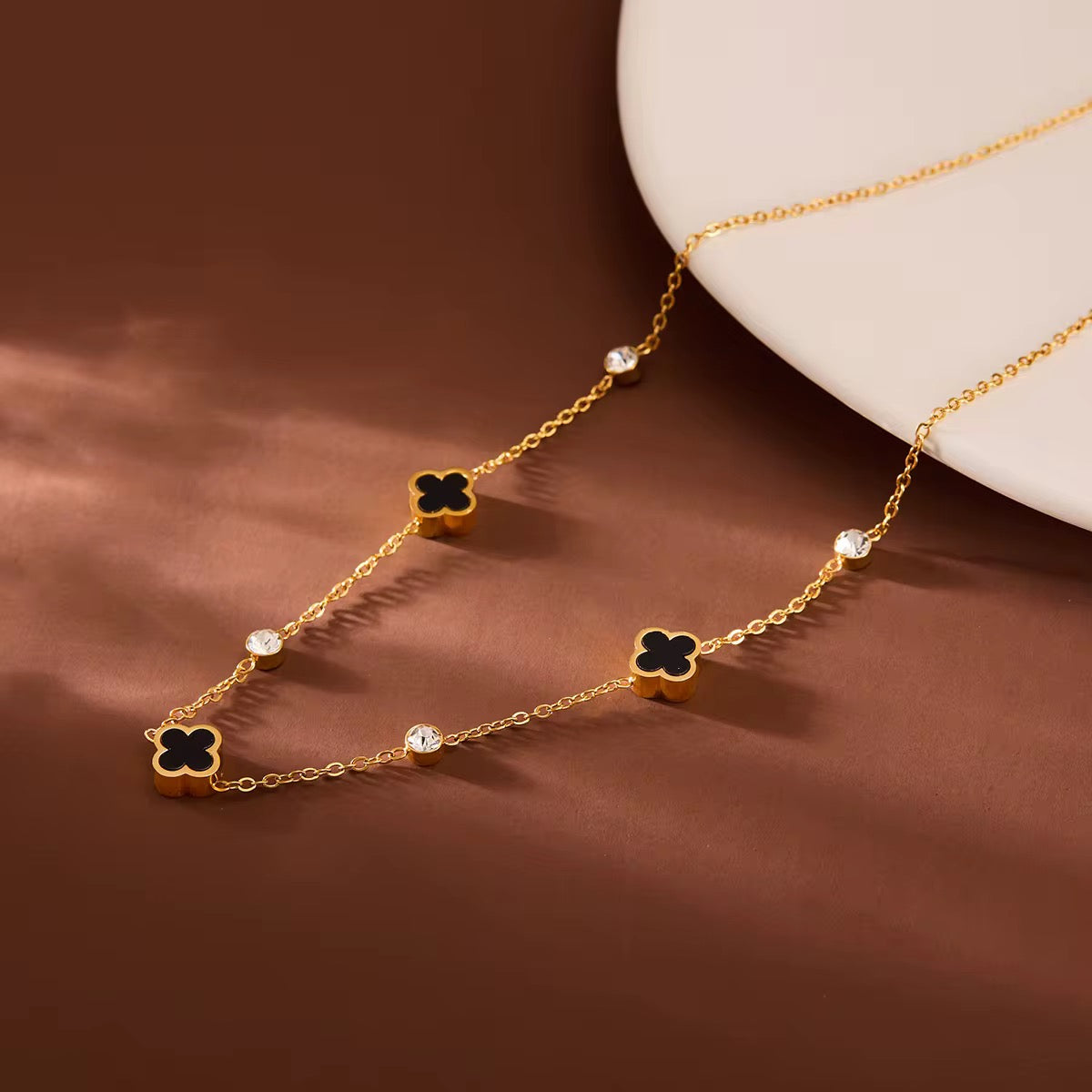 Vintage Black Clover Crystal Station Necklace