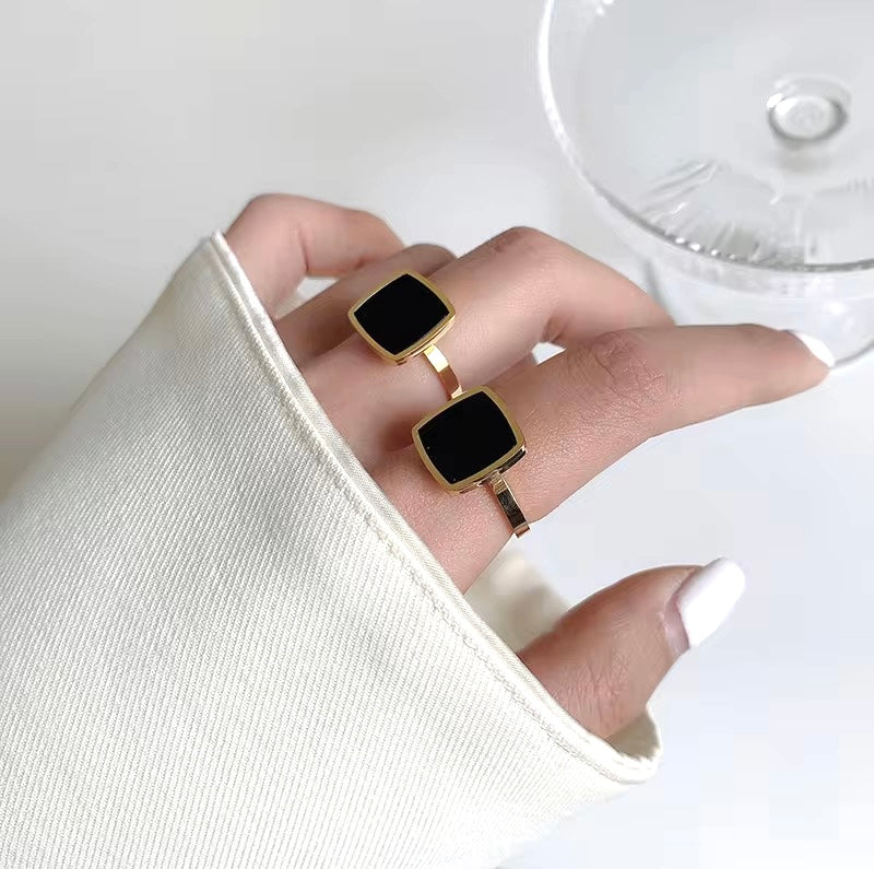 Classic Square Black Stone Adjustable Gold Plated Ring