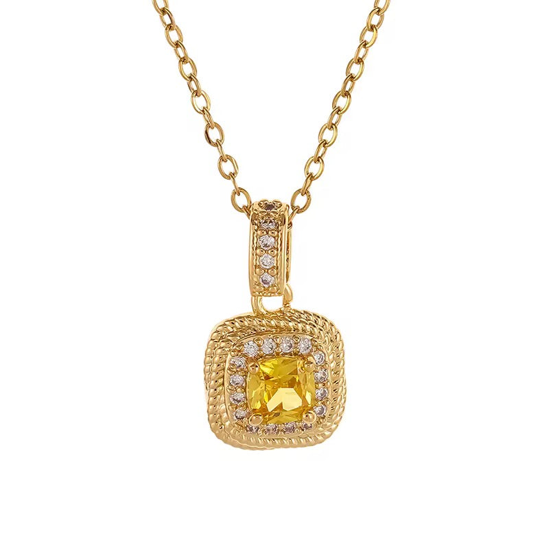 Vintage Cushion-Cut Yellow Crystal Halo Necklace