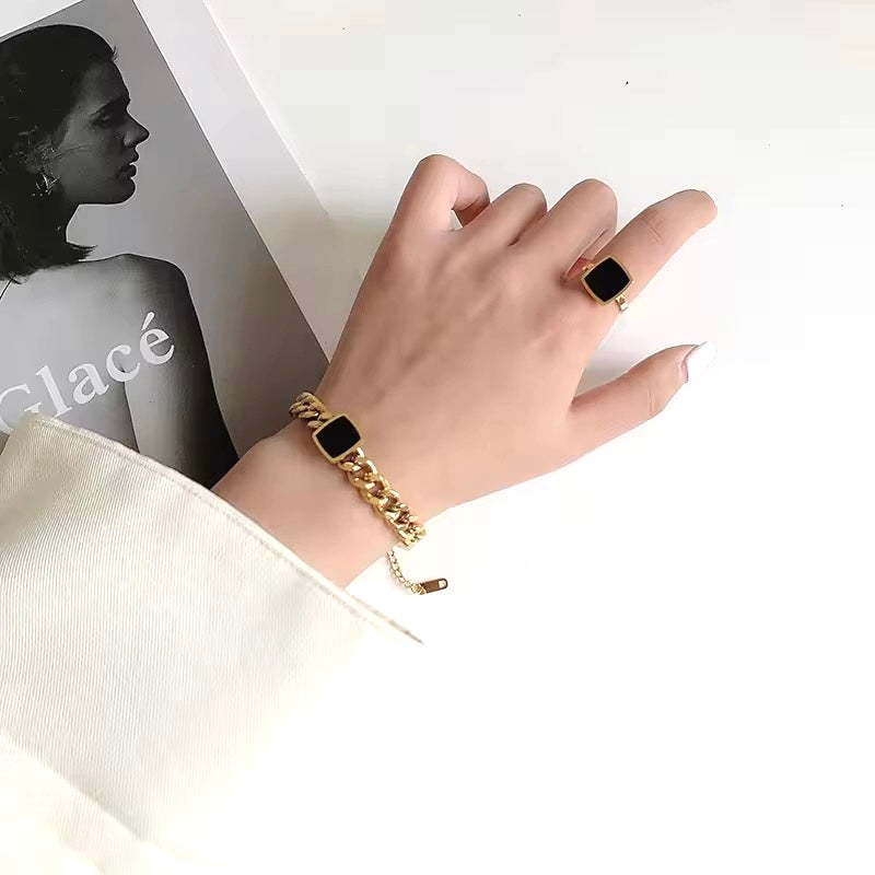 Classic Square Black Stone Adjustable Gold Plated Ring