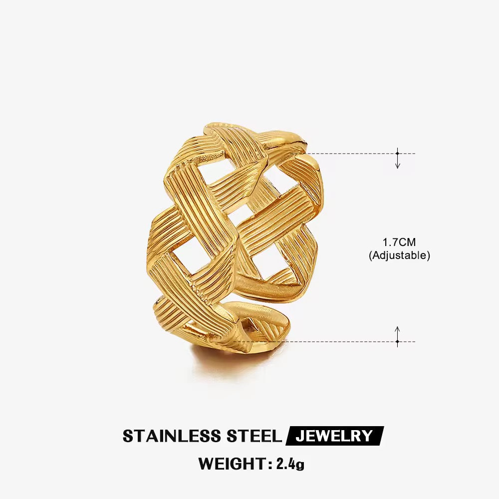 Woven Pattern Adjustable Stainless Steel Ring – Gold Finish