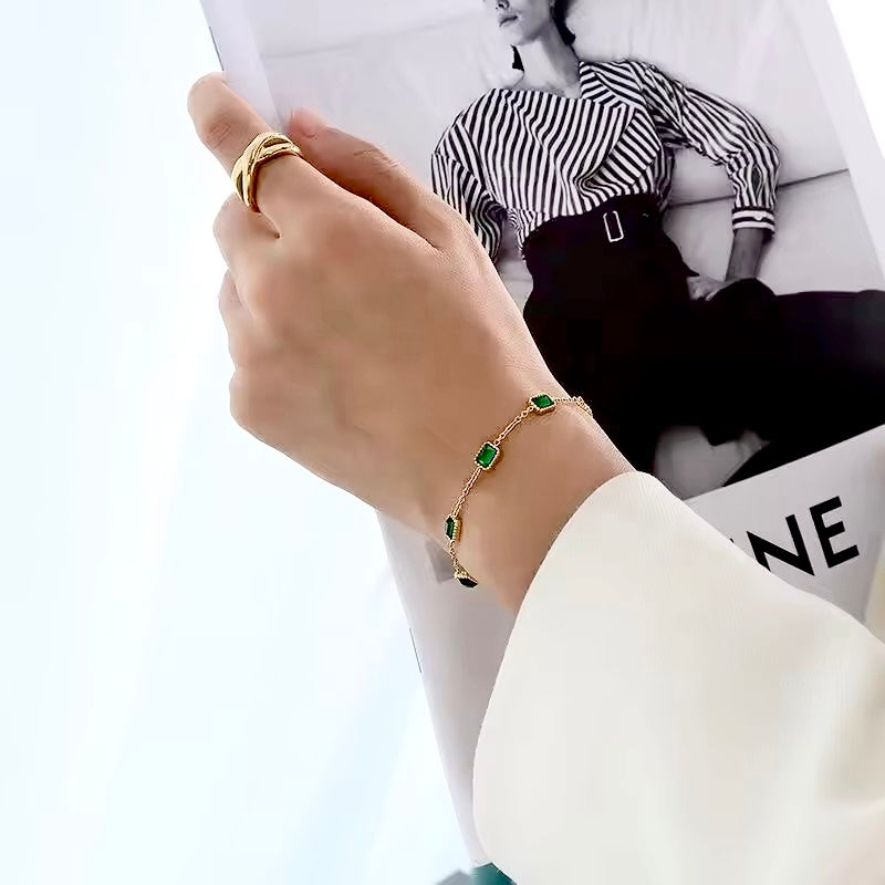 Green Crystal-Studded Thin Chained Bracelet