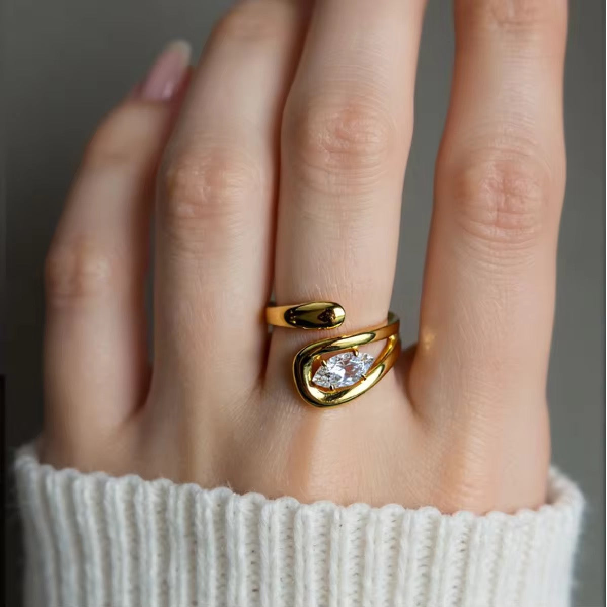 Adjustable Gold Plated Ring with Marquise-Cut Crystal
