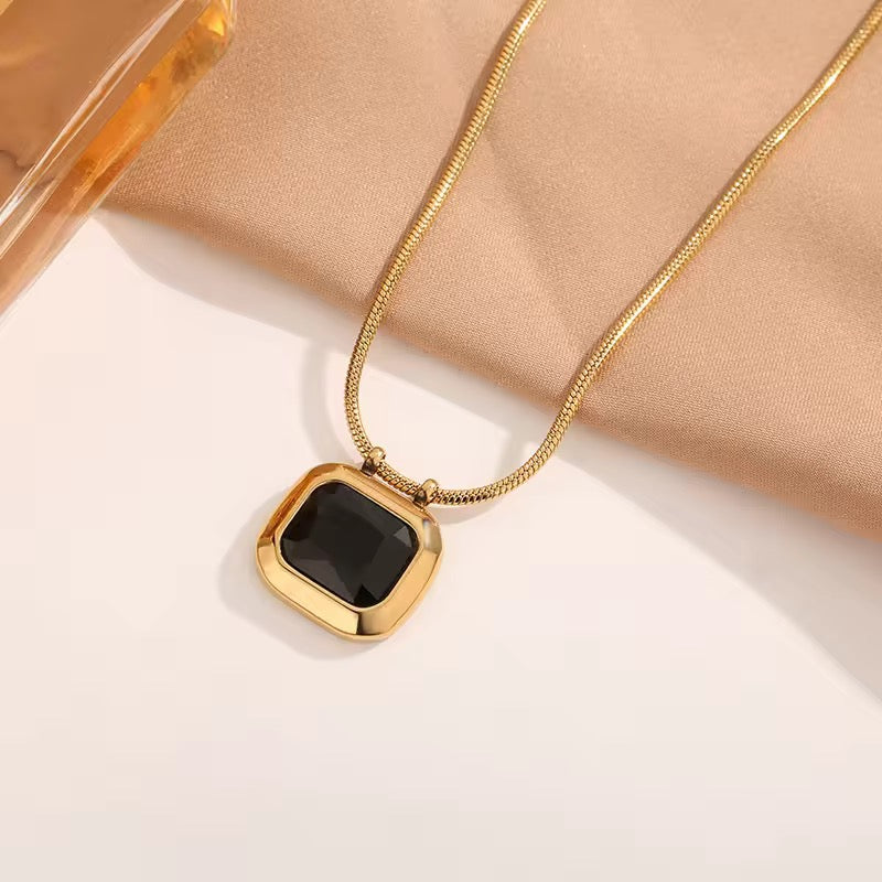Gold Plated Black Crystal Square Pendant Necklace