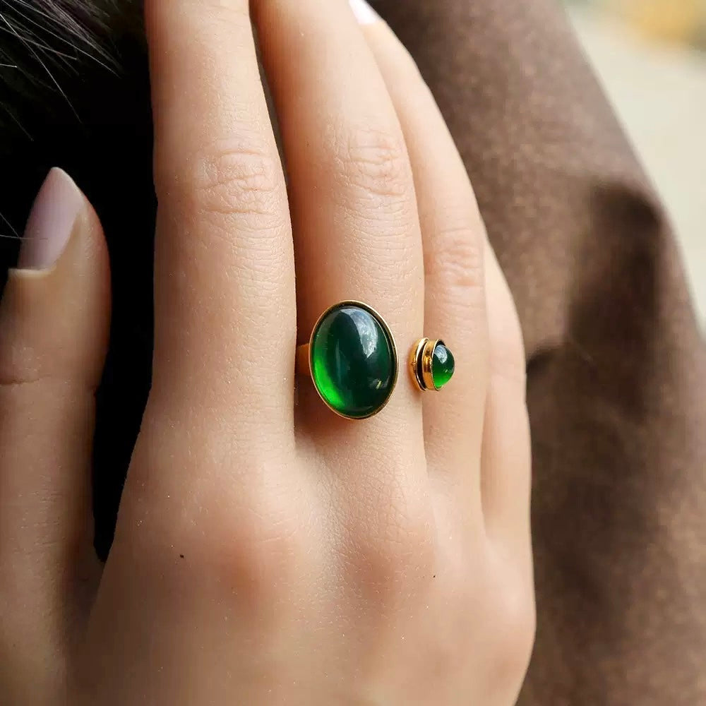 18K Gold Plated Emerald Drop Adjustable Ring